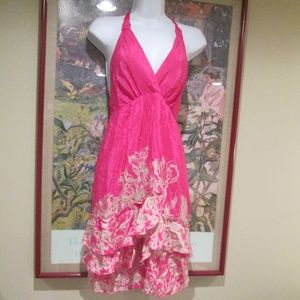NWT pink floral silk ruffle trim Halter Dress NEW